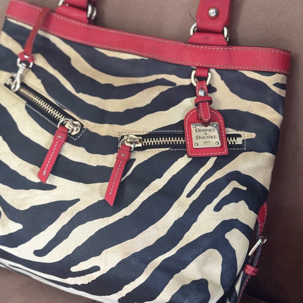 Dooney & Bourke Black and Cream Zebra Print Shoulder Bag with Red Trim - Picture 3 of 11